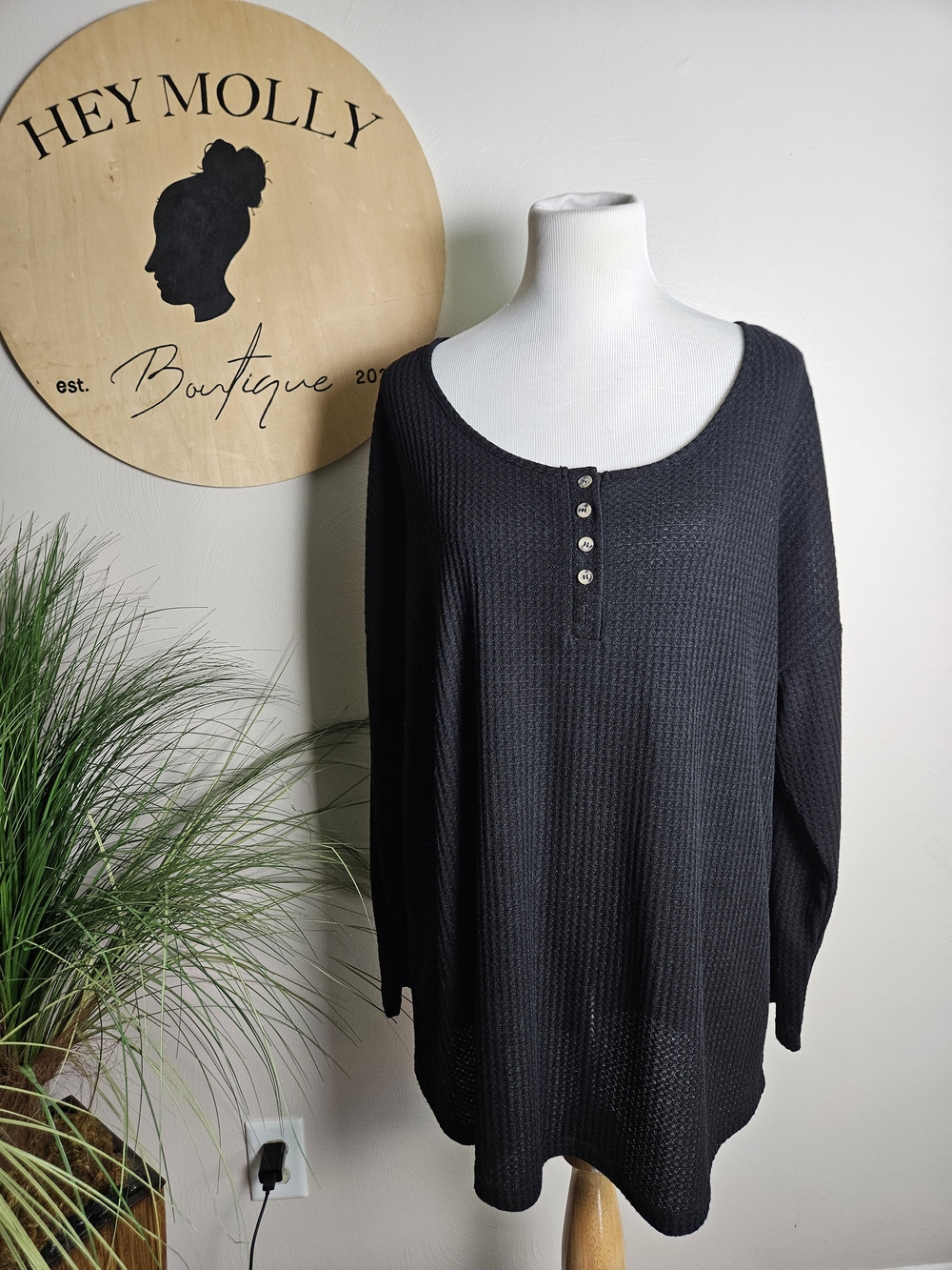 Hey Molly Boutique Black Waffle Knit Henley Top